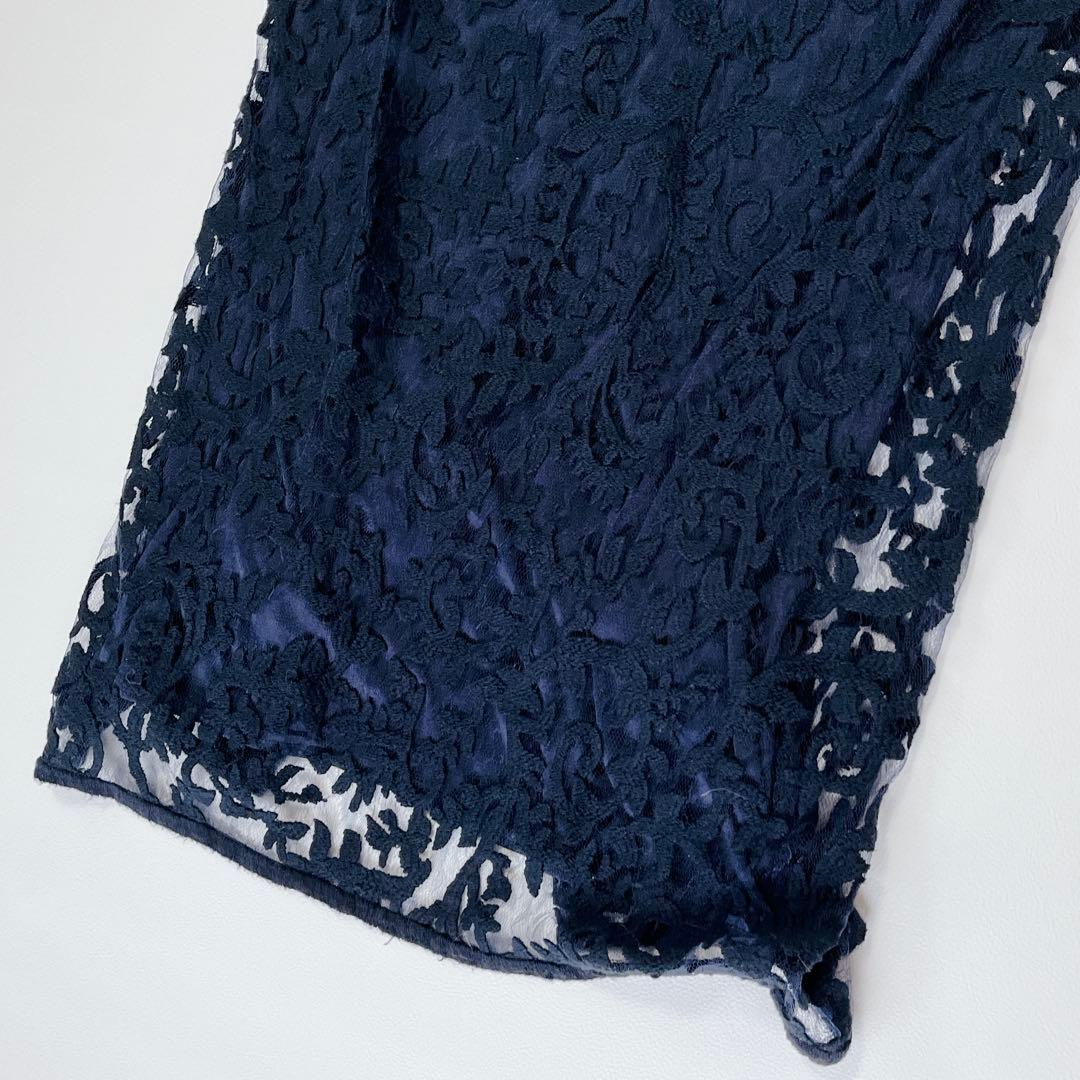 タダシショージ レース 刺繍　スリット ロングドレス　ネイビー　ワンピース