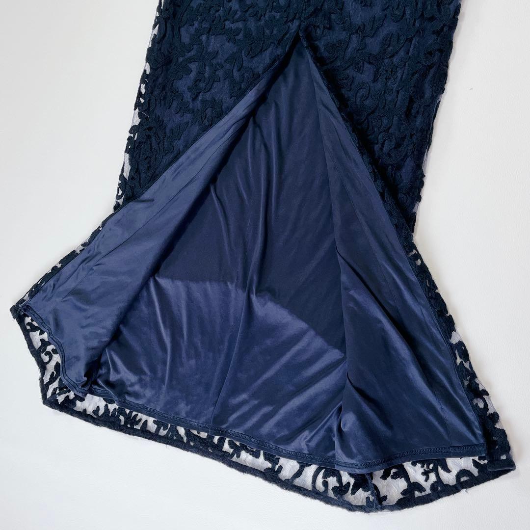 タダシショージ レース 刺繍　スリット ロングドレス　ネイビー　ワンピース