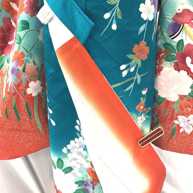 508ag54■七五三 七歳 女児 着物&袋帯 鴛鴦 牡丹 青緑■美品