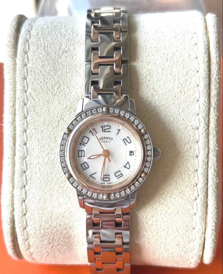 HERMESエルメスクリッパーナクレダイヤベゼルシェル文字盤コンビ腕時計