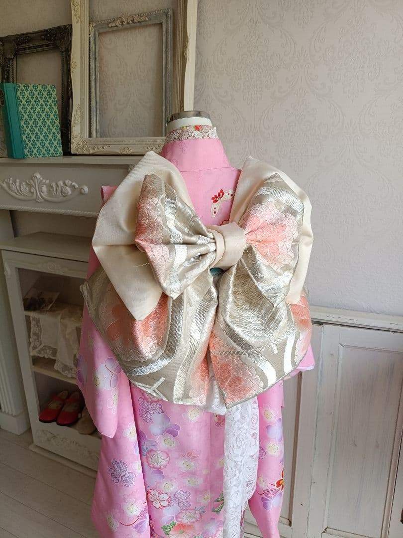 ☆薄い優しいピンクの着物に白シルバーの作り帯☆七五三フルセット