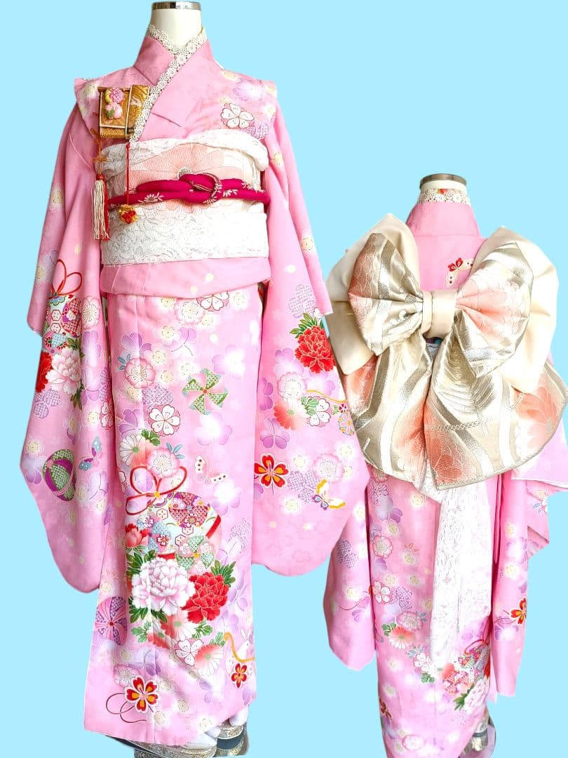 ☆薄い優しいピンクの着物に白シルバーの作り帯☆七五三フルセット
