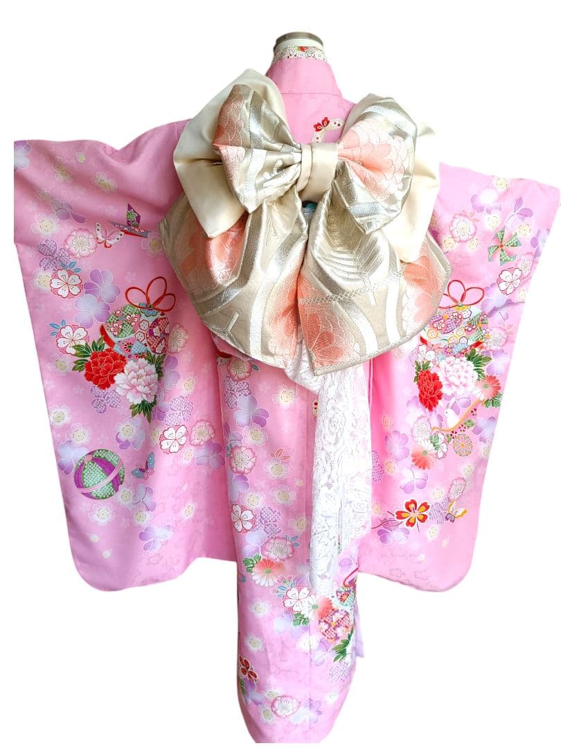 ☆薄い優しいピンクの着物に白シルバーの作り帯☆七五三フルセット