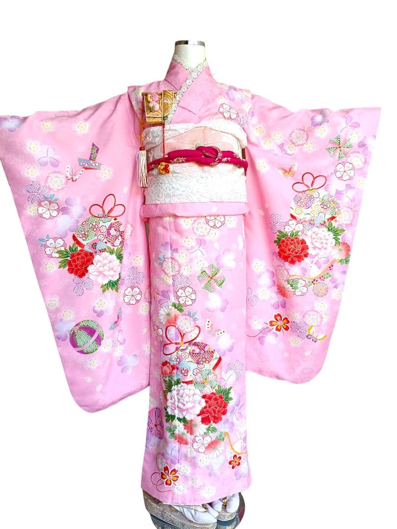 ☆薄い優しいピンクの着物に白シルバーの作り帯☆七五三フルセット