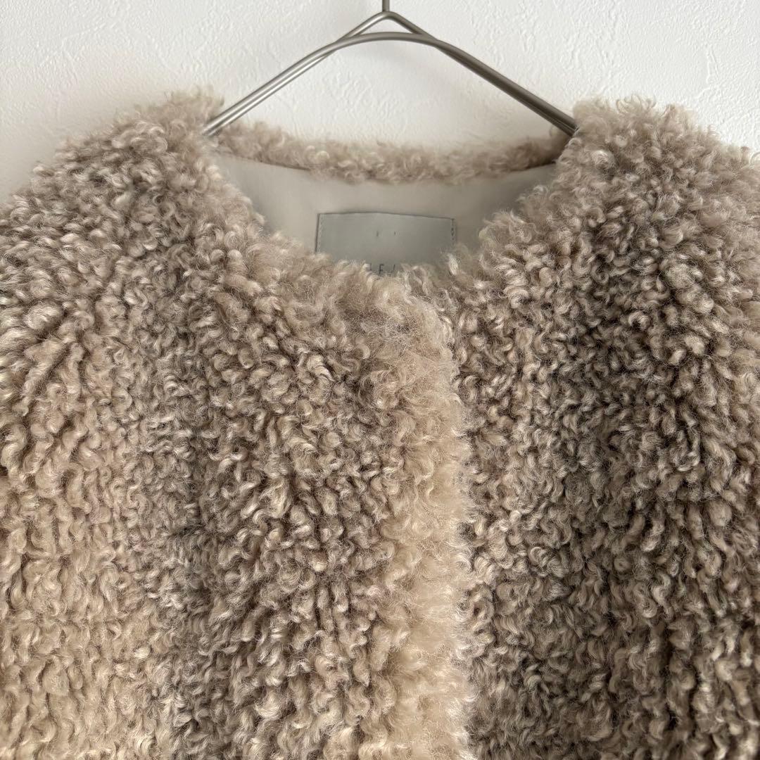 アンフィーロ エコファー ボア ノーカラー ジャケット グレージュ M