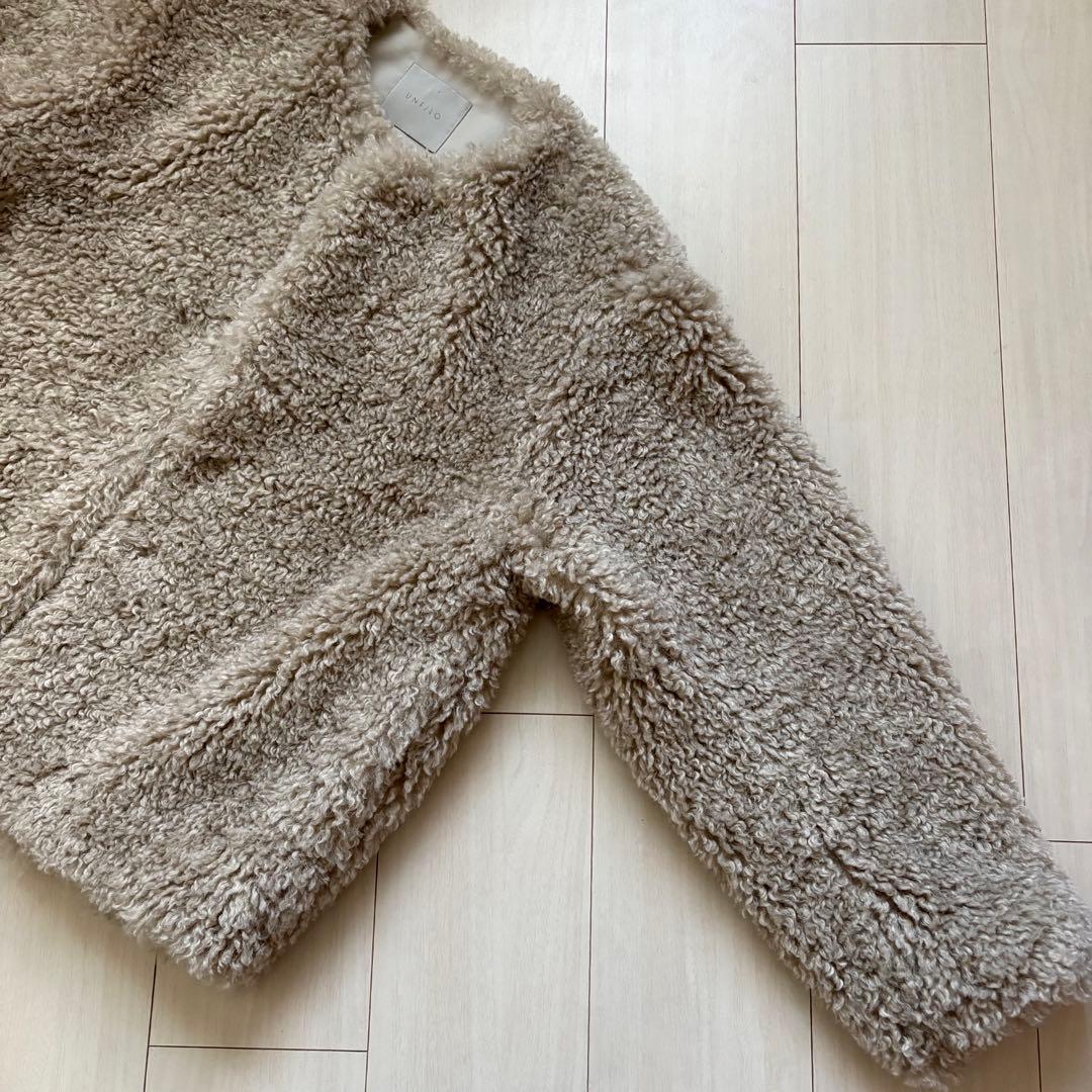 アンフィーロ エコファー ボア ノーカラー ジャケット グレージュ M