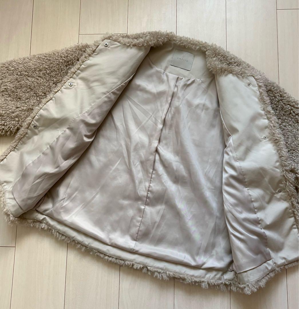 アンフィーロ エコファー ボア ノーカラー ジャケット グレージュ M