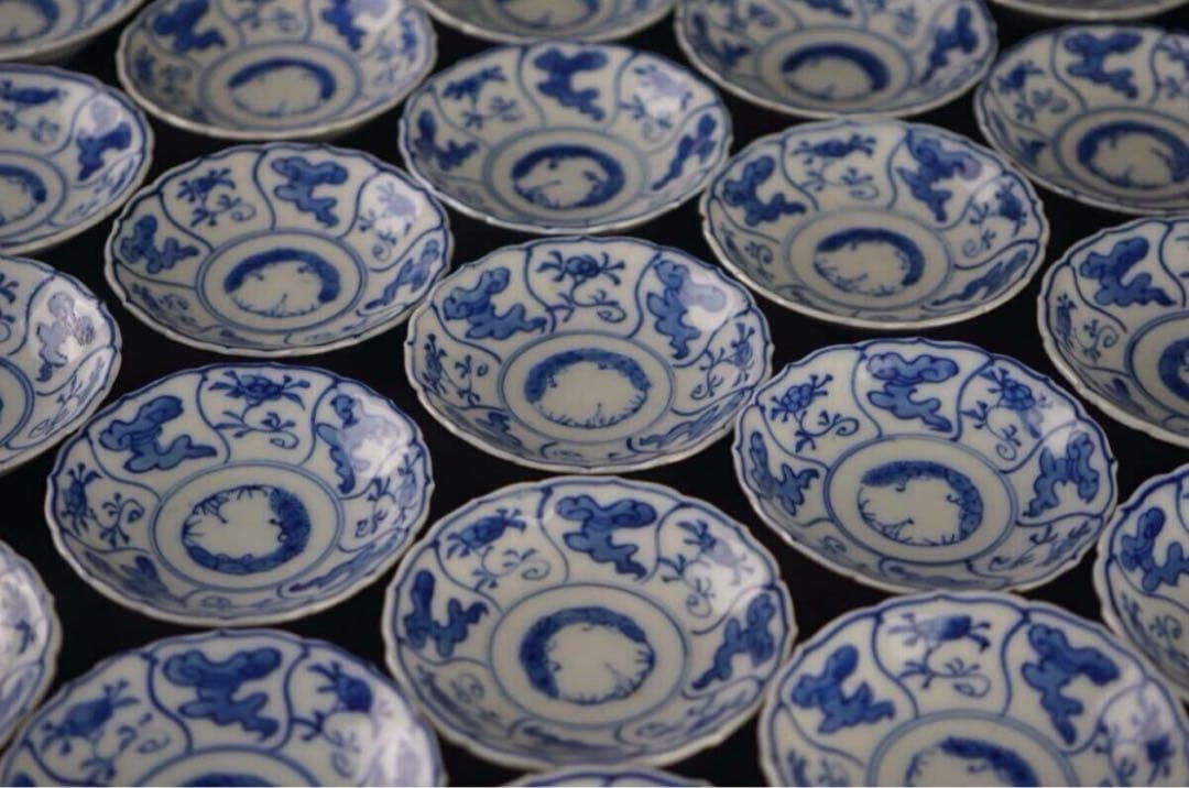 古伊万里 染付唐草花模様 小皿 40客 共箱 / 向付 懐石料理道具 うつわ