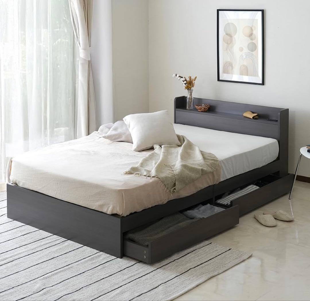 ダークグレー シングルベッド 引き出し収納