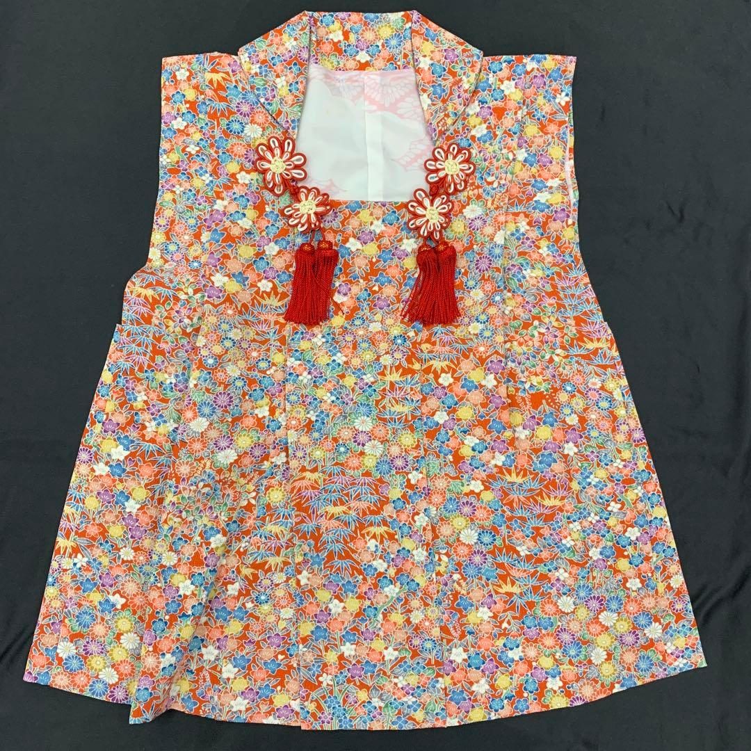 509agu7□七五三 三歳 女の子 着物＆被布 縮緬 総柄 花文様□状態良好