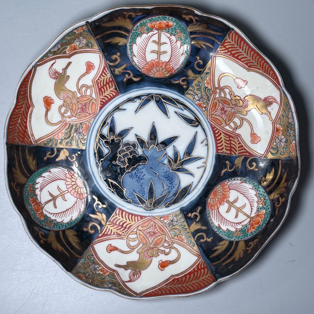 古伊万里　染錦唐獅子柘榴文様　輪花形七寸皿　幕末から明治期　直径22cm 5客