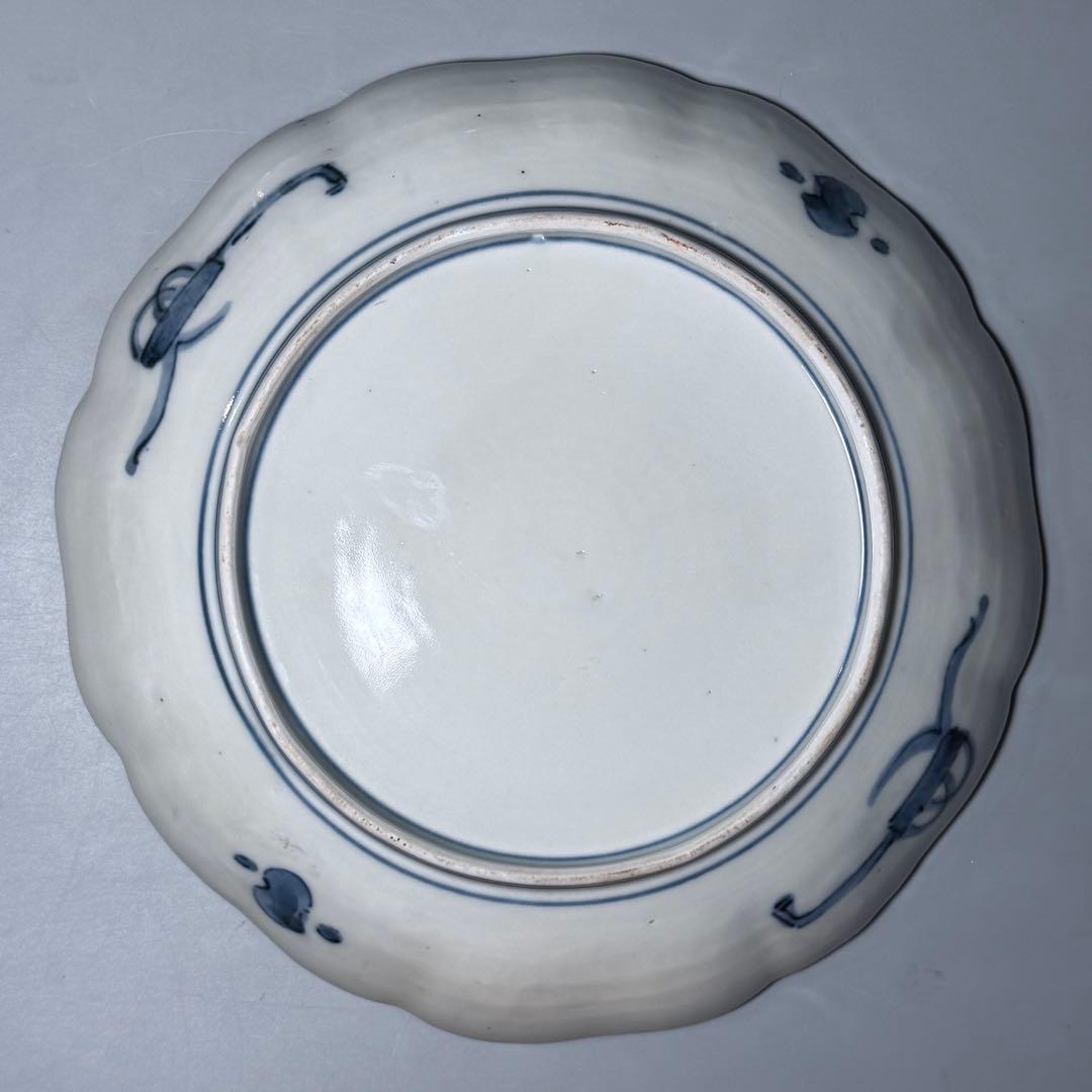 古伊万里　染錦唐獅子柘榴文様　輪花形七寸皿　幕末から明治期　直径22cm 5客