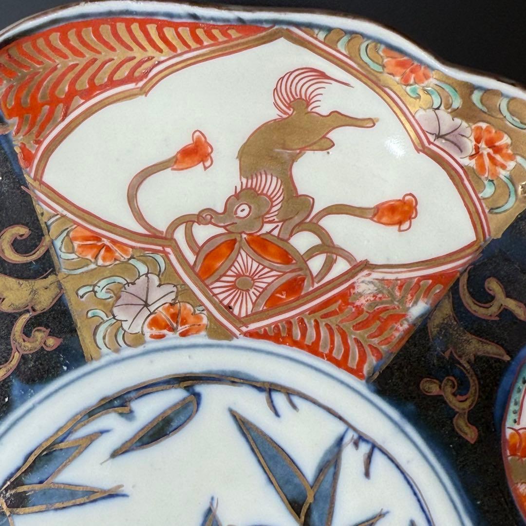 古伊万里　染錦唐獅子柘榴文様　輪花形七寸皿　幕末から明治期　直径22cm 5客