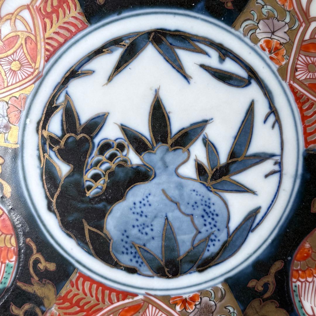 古伊万里　染錦唐獅子柘榴文様　輪花形七寸皿　幕末から明治期　直径22cm 5客