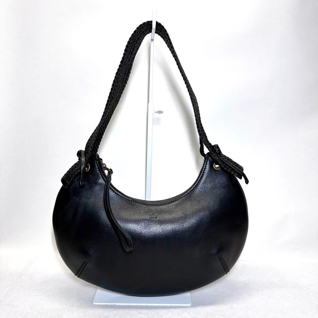 GUCCI ヴィンテージ レザー 編み込みハンドル ブラック ショルダーバッグ