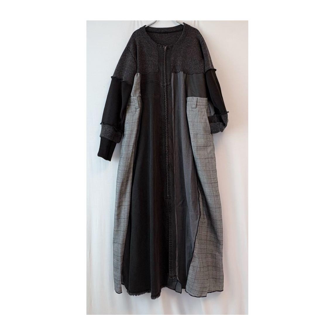 ④ジップアップ異素材ミックス切替ロングワンピース