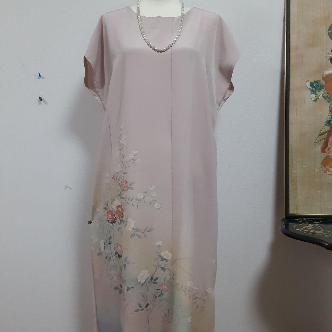 リメイク着物ロングワンピースボレロ付きＬ正絹着丈115センチ