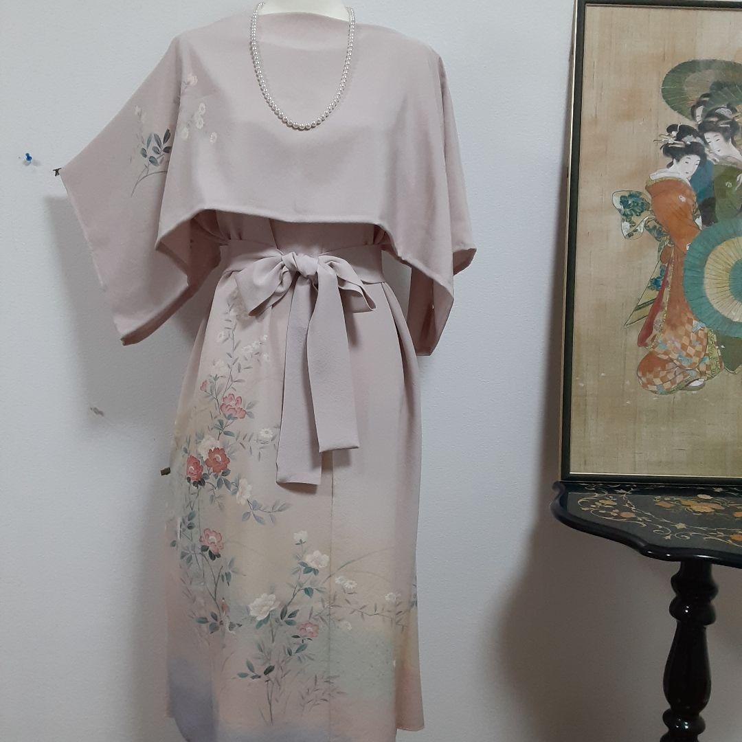 リメイク着物ロングワンピースボレロ付きＬ正絹着丈115センチ