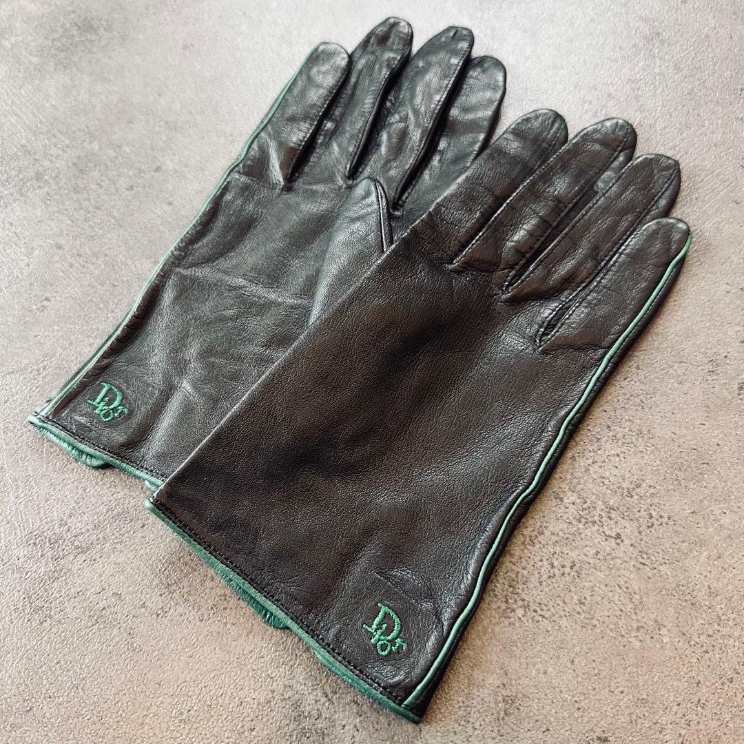 Christian Dior ロゴ 刺繍 レザー 手袋 黒　緑