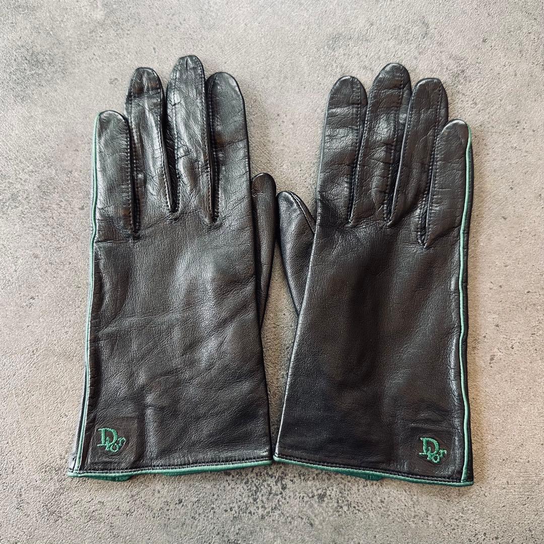 Christian Dior ロゴ 刺繍 レザー 手袋 黒　緑