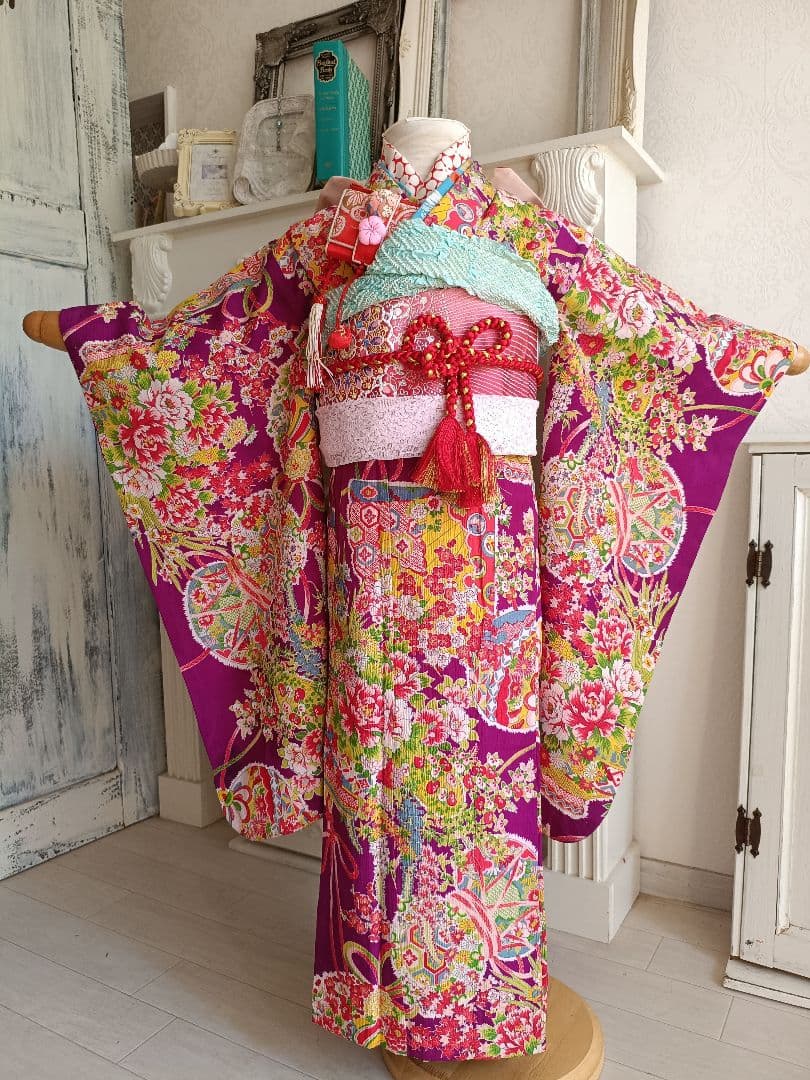 専用です☆アンティーク紫　百花繚乱着物と作り帯☆七五三