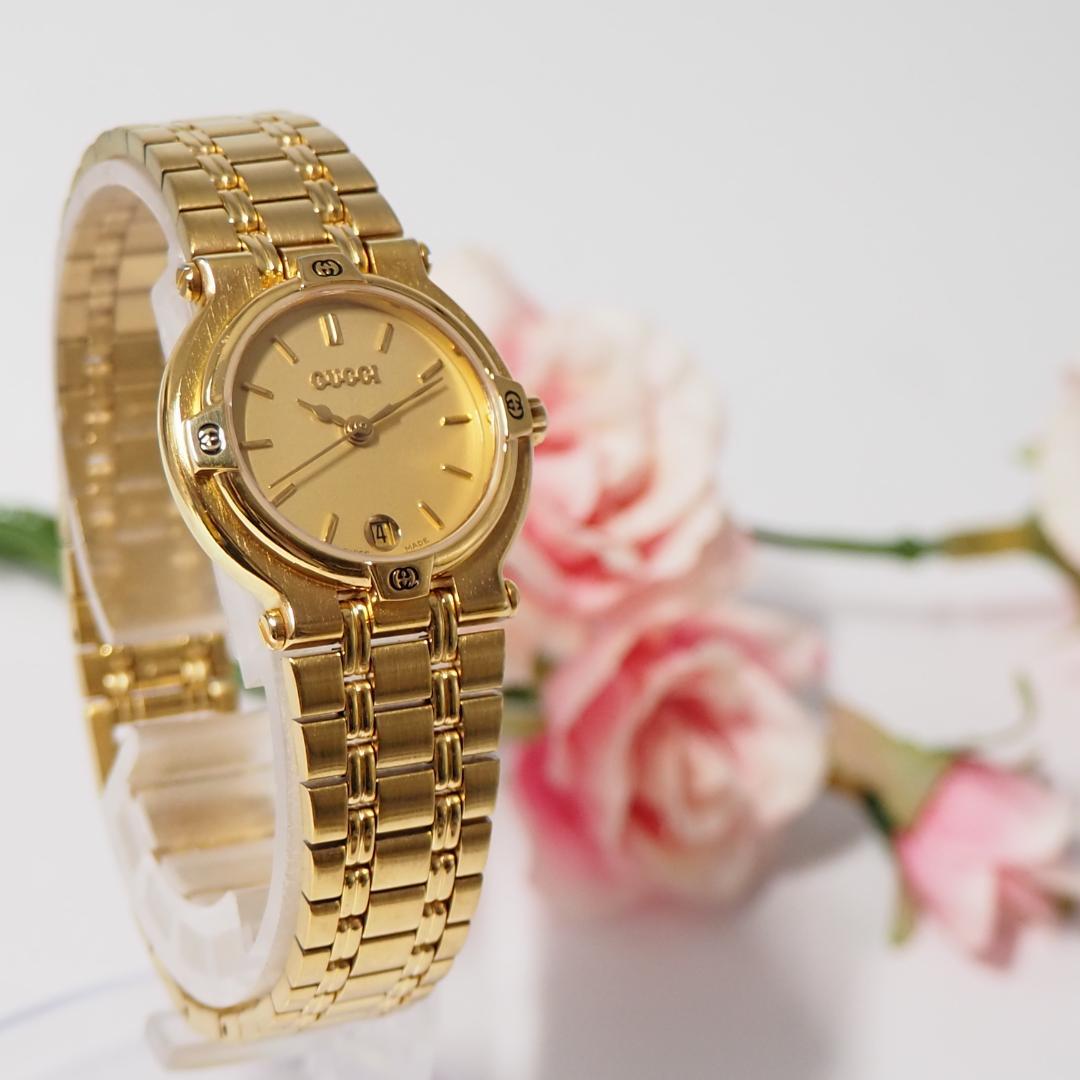 美品 グッチ GUCCI 9200L ゴールド文字盤 デイト 腕時計 H418