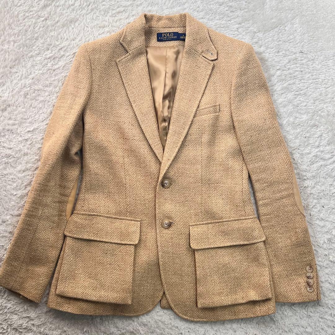 POLOラルフローレン ヘリンボーン 肘パッチ 麻 絹テーラードジャケットM位