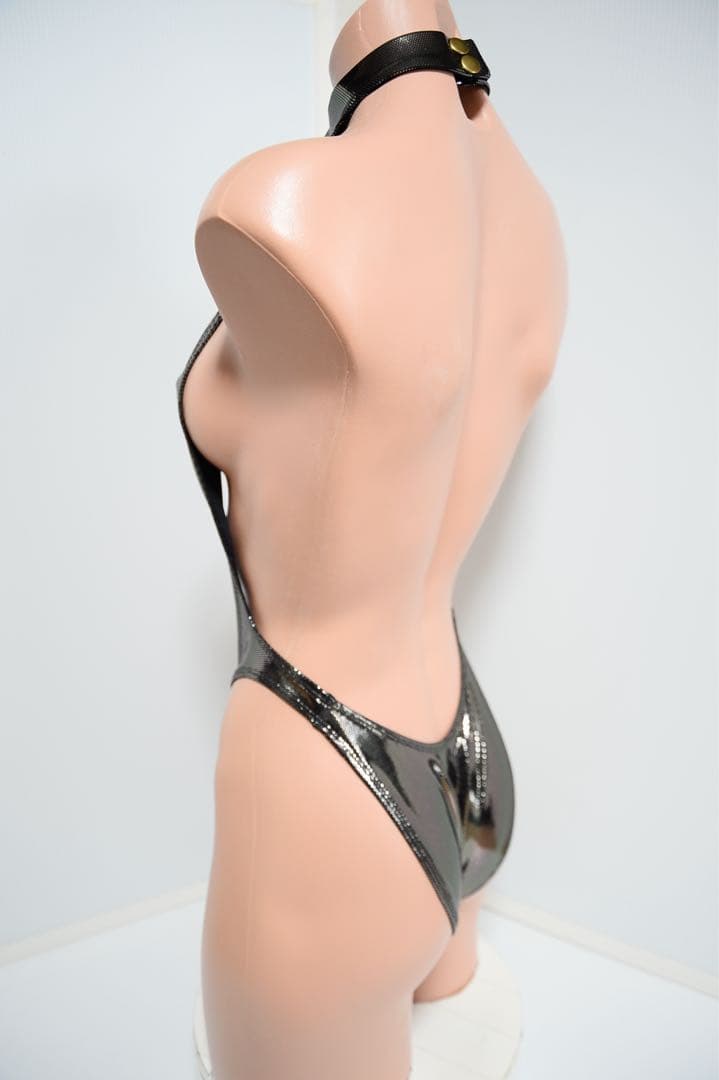 メタリックグレー ワンピース水着 ハイネック