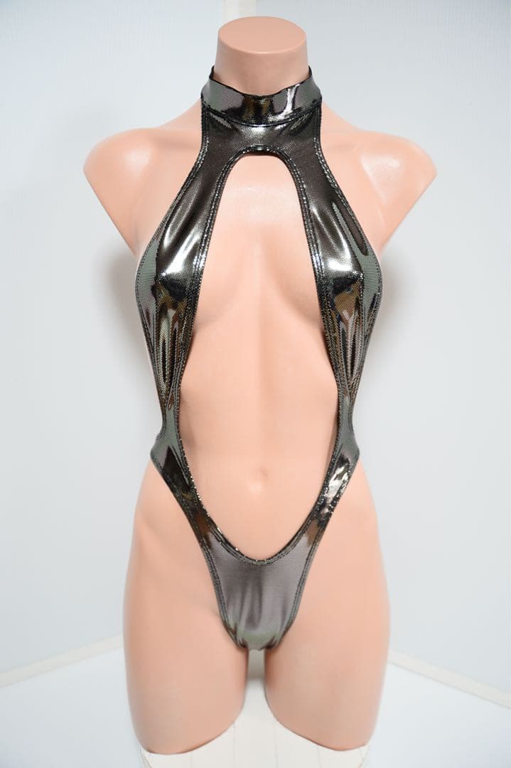 メタリックグレー ワンピース水着 ハイネック