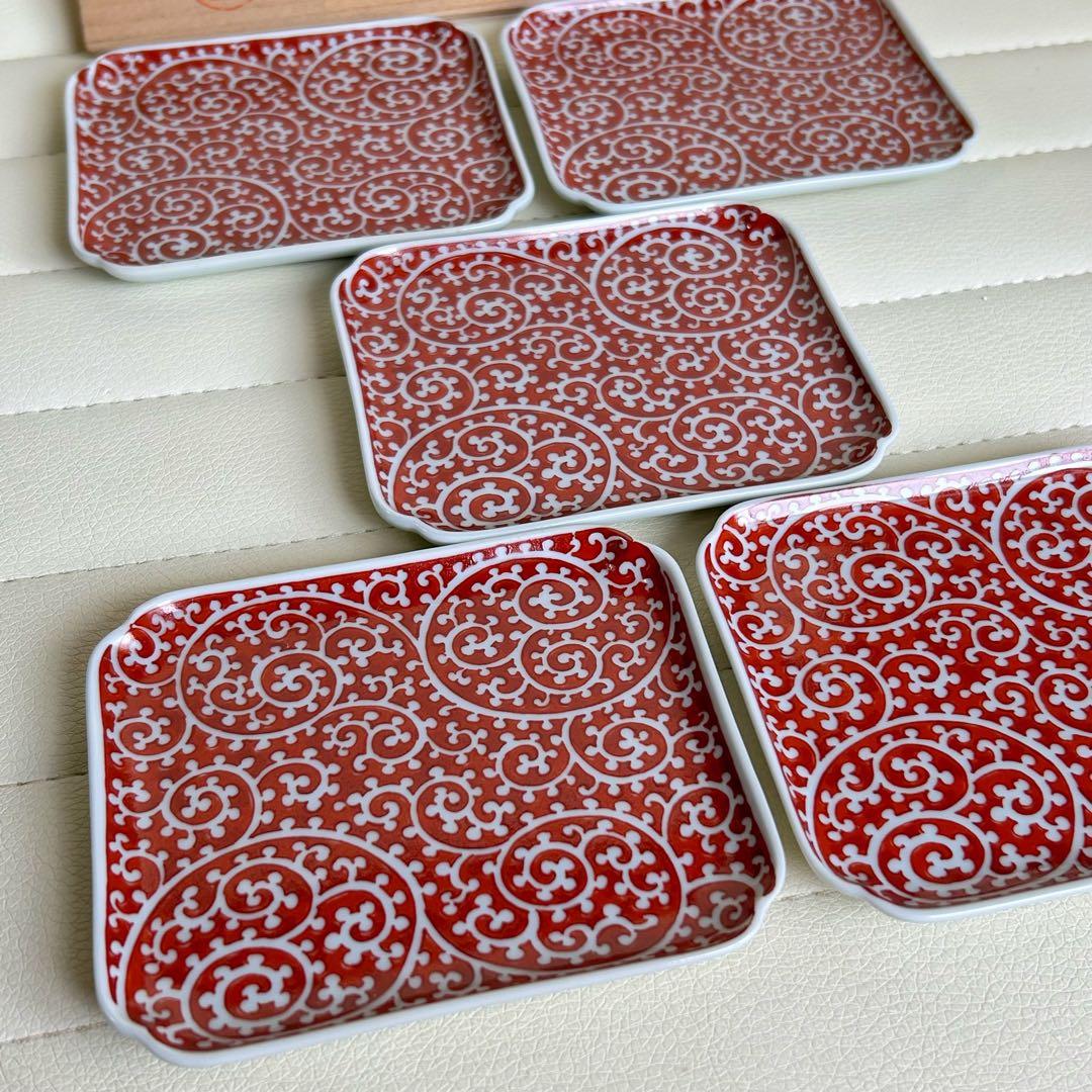 有田焼　幸楽窯　赤絵蛸唐草　銘々皿揃　5枚セット　小皿　角皿　長角皿　古伊万里