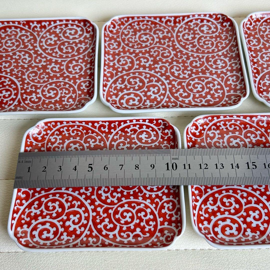 有田焼　幸楽窯　赤絵蛸唐草　銘々皿揃　5枚セット　小皿　角皿　長角皿　古伊万里