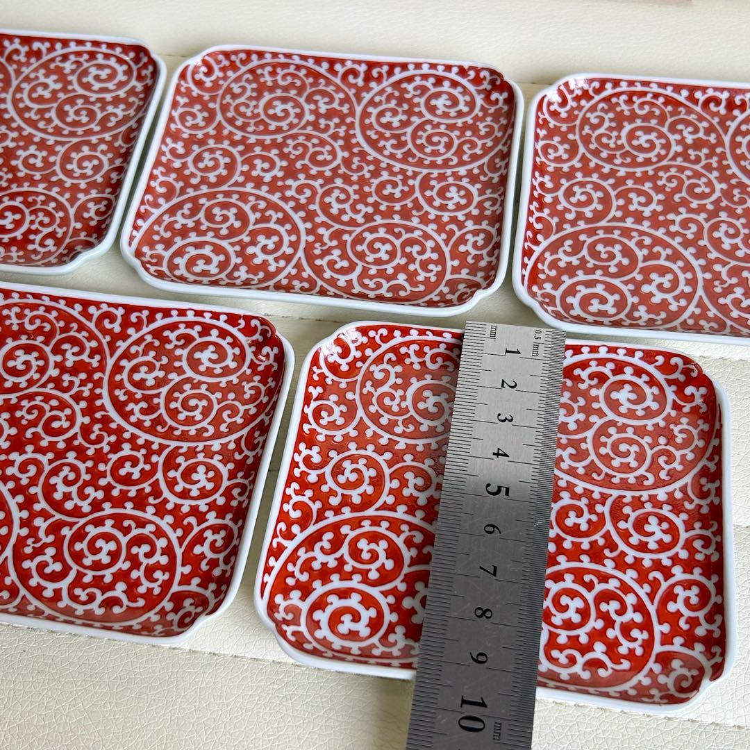 有田焼　幸楽窯　赤絵蛸唐草　銘々皿揃　5枚セット　小皿　角皿　長角皿　古伊万里