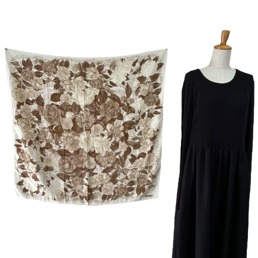 CHANEL シャネル　パール　ローズ　ベージュ　シルク　スカーフ