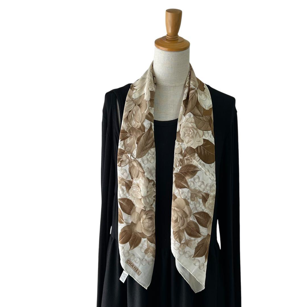 CHANEL シャネル　パール　ローズ　ベージュ　シルク　スカーフ