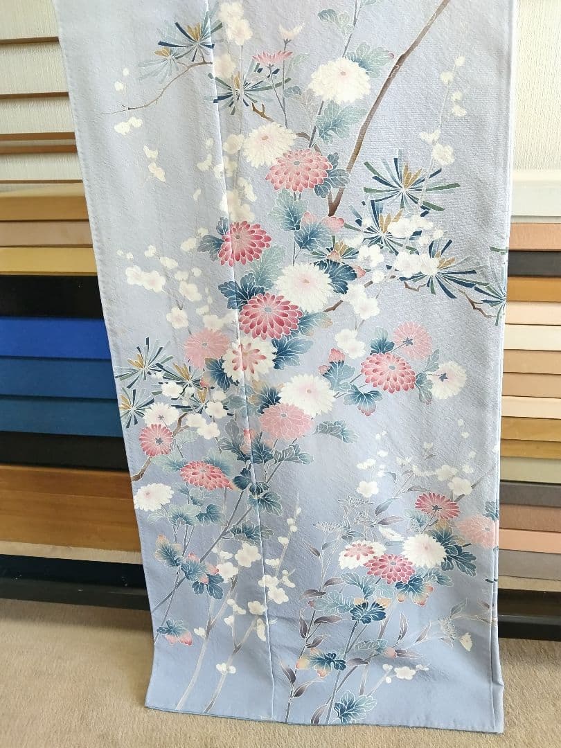 F‐285 訪問着 京加賀友禅 袷 暈し ブルーグレー 菊 松 梅 美品