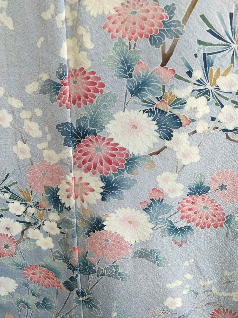 F‐285 訪問着 京加賀友禅 袷 暈し ブルーグレー 菊 松 梅 美品
