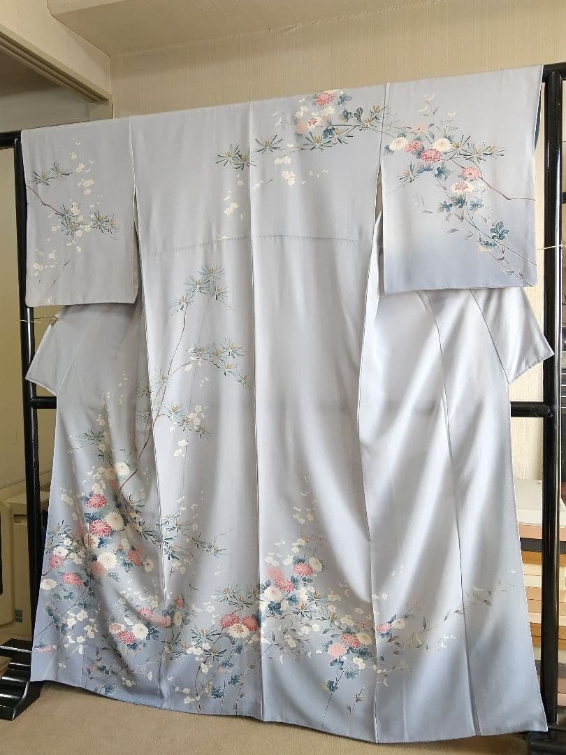 F‐285 訪問着 京加賀友禅 袷 暈し ブルーグレー 菊 松 梅 美品