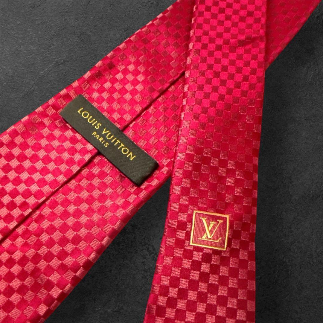 美品 ルイヴィトン マイクロダミエ シルクネクタイ 人気 LVロゴ ソリッド