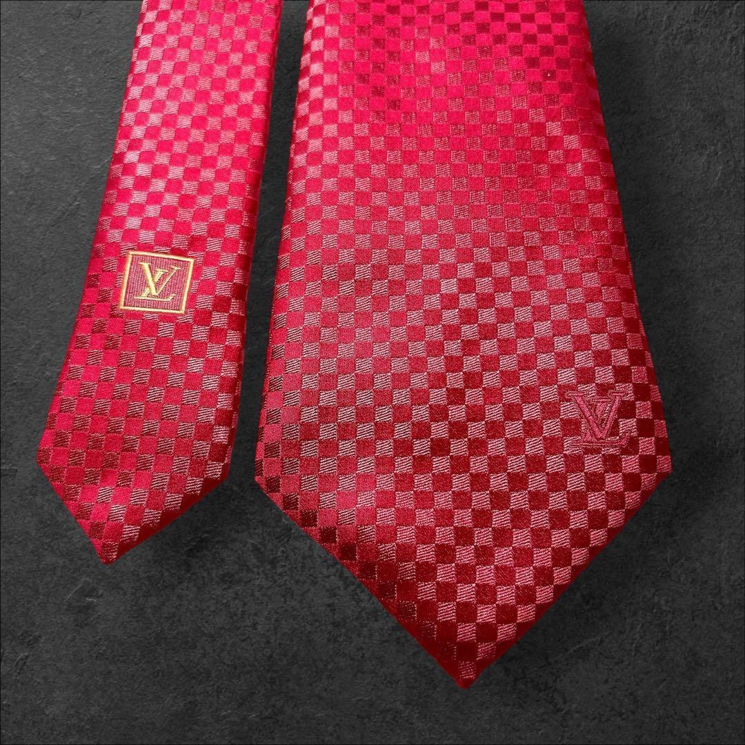 美品 ルイヴィトン マイクロダミエ シルクネクタイ 人気 LVロゴ ソリッド