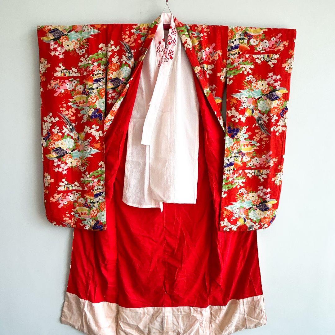 七五三　７歳フルセット　アンティーク　長着＆帯＆長襦袢＆草履＆小物セット　赤地