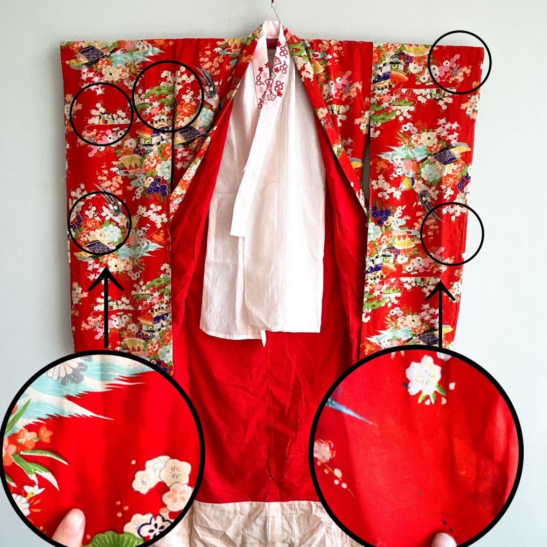 七五三　７歳フルセット　アンティーク　長着＆帯＆長襦袢＆草履＆小物セット　赤地