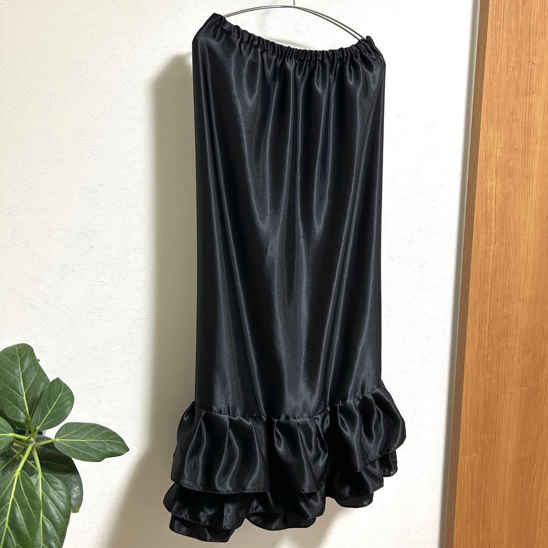 【りえ】スカート裾除け　サテン　黒　フリル　3段　オーダー品