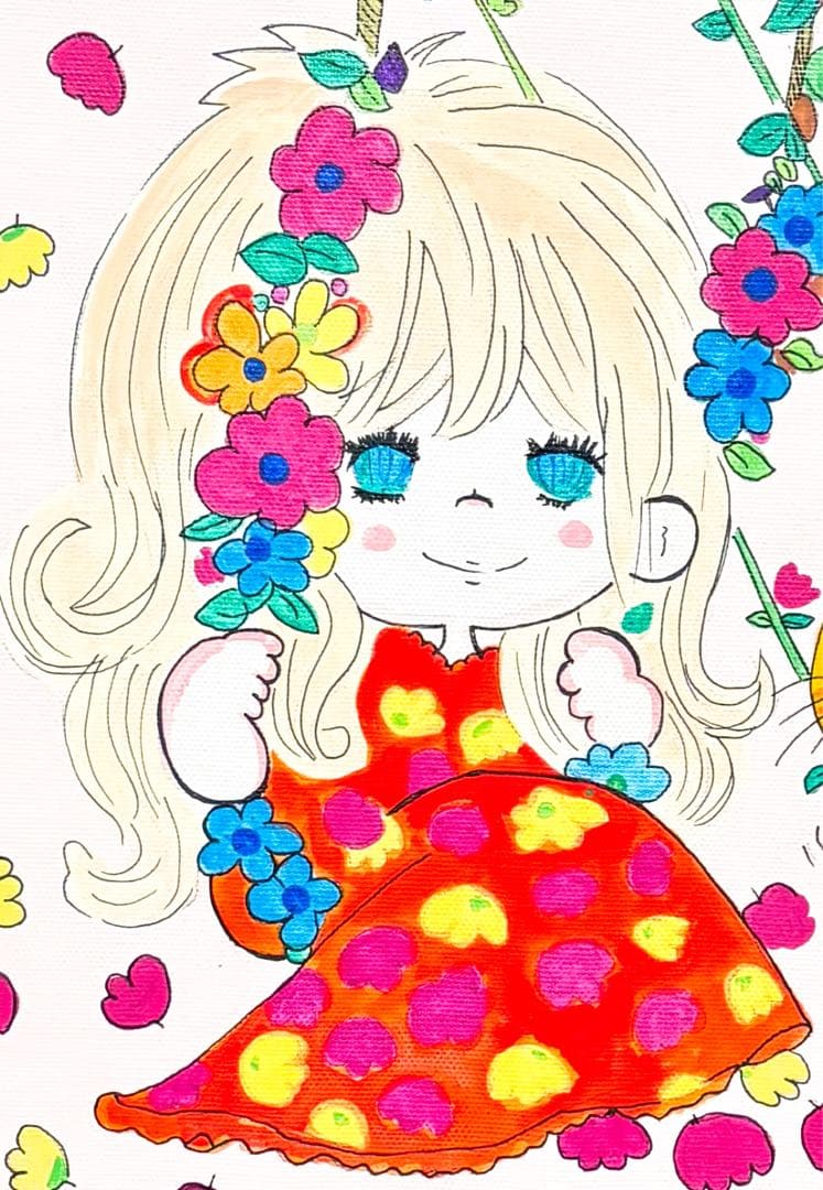 【F4号】手描き油彩画　水森亜土　額縁　未使用額　サイン　絵画　女の子　猫　人気