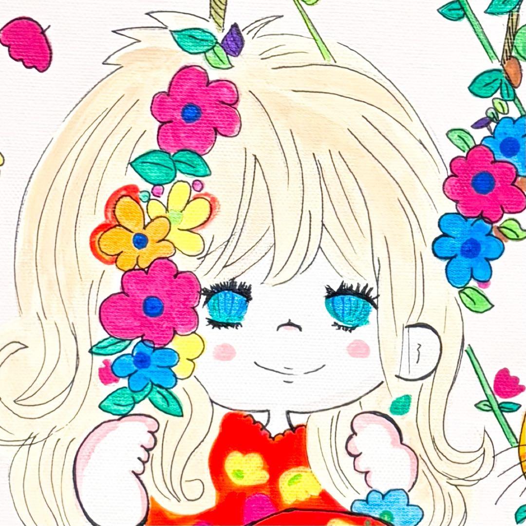 【F4号】手描き油彩画　水森亜土　額縁　未使用額　サイン　絵画　女の子　猫　人気