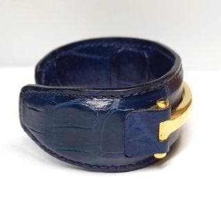 美品 グッチ ブレスレット バングル ワイド クロコ型押し ネイビー×ゴールド