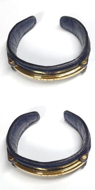 美品 グッチ ブレスレット バングル ワイド クロコ型押し ネイビー×ゴールド
