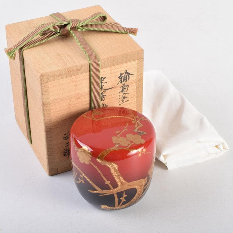 茶道具　輪島塗　正二郎作　曙梅蒔絵　棗　共布共箱　V　8852