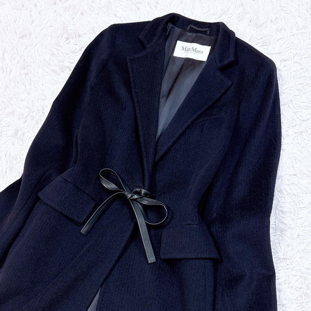 うらら【極美品】MaxMara アルパカウールコート レザーリボン 紺38