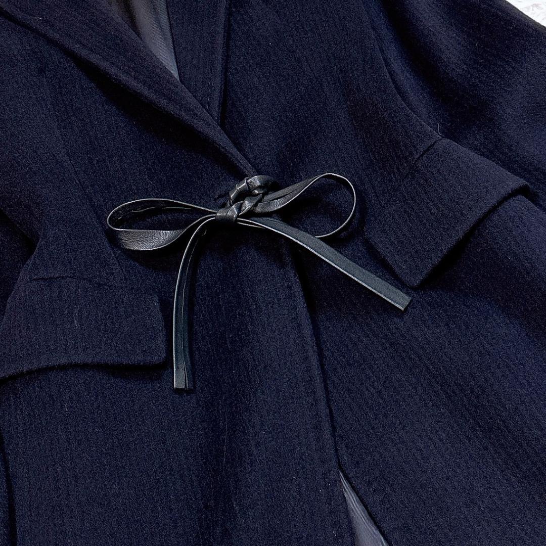 うらら【極美品】MaxMara アルパカウールコート レザーリボン 紺38