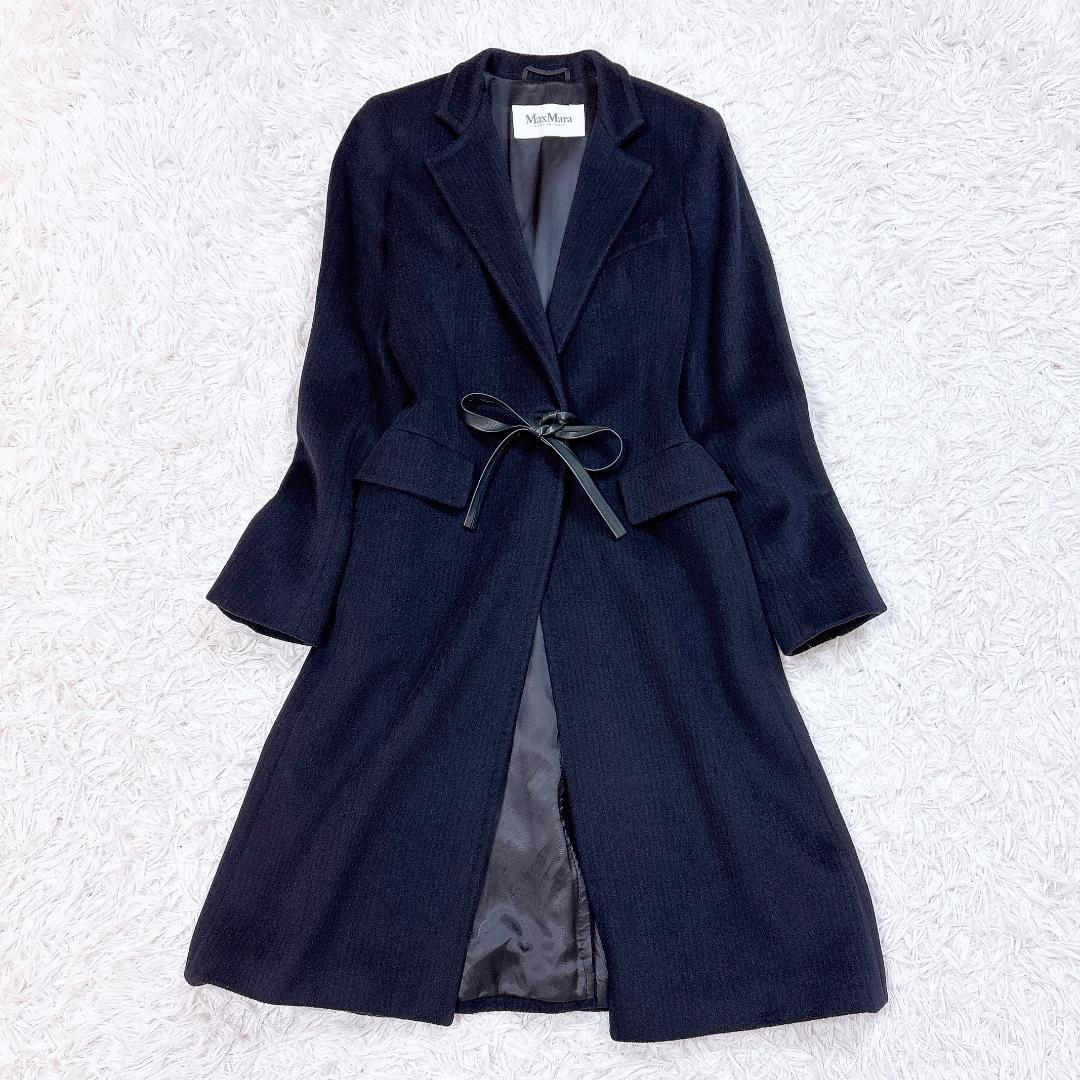 うらら【極美品】MaxMara アルパカウールコート レザーリボン 紺38
